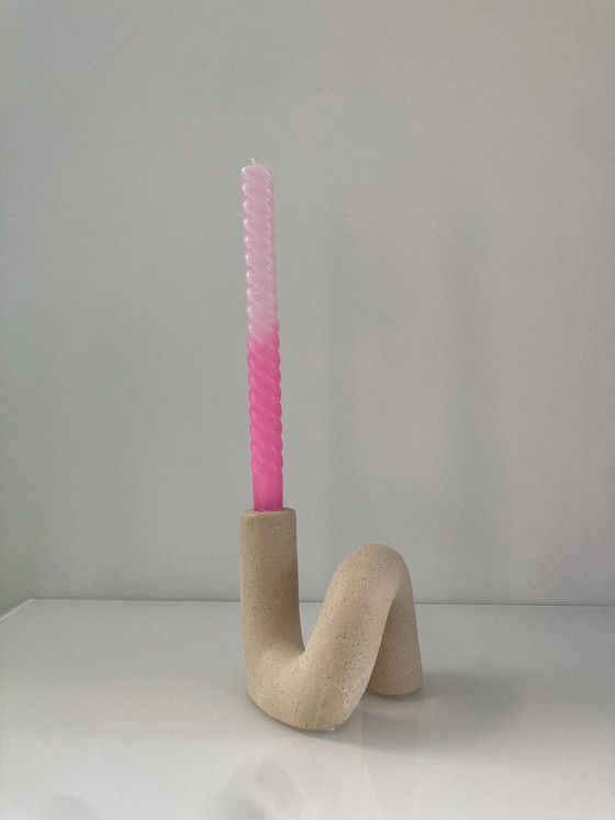 Image 1 of Unique Tubular Candlestick Of Beige Raw Ceramic