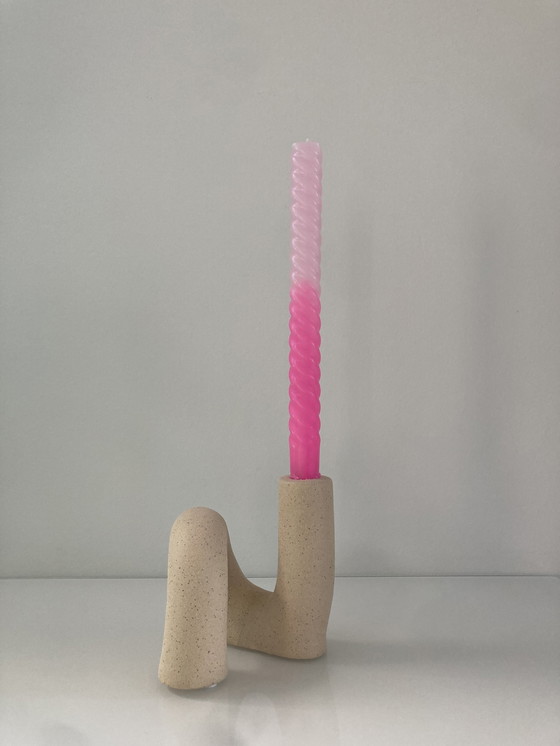 Image 1 of Unique Tubular Candlestick Of Beige Raw Ceramic