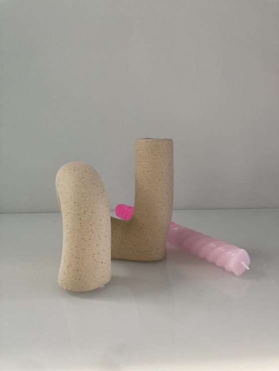 Image 1 of Unique Tubular Candlestick Of Beige Raw Ceramic