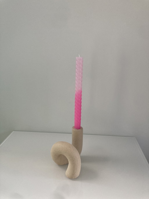 Unique Tubular Candlestick Of Beige Raw Ceramic