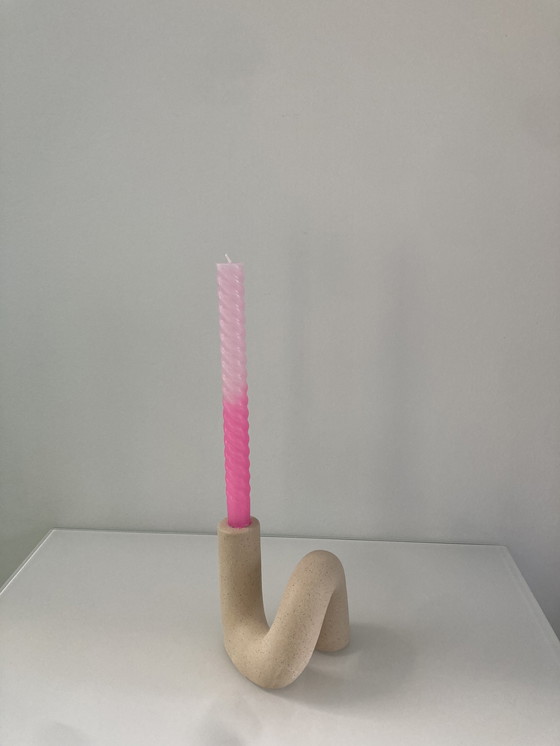 Image 1 of Unique Tubular Candlestick Of Beige Raw Ceramic