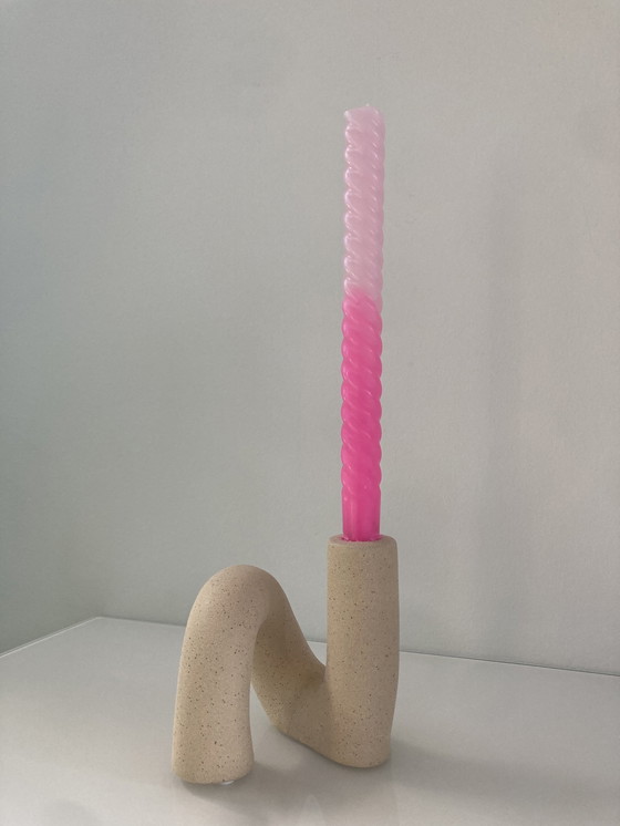 Image 1 of Unique Tubular Candlestick Of Beige Raw Ceramic