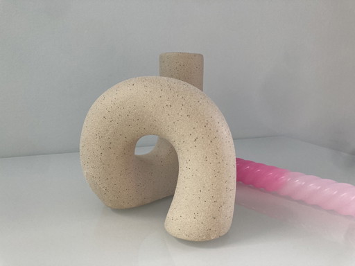 Unique Tubular Candlestick Of Beige Raw Ceramic