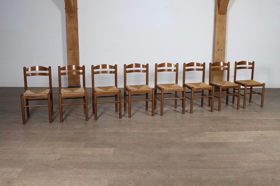 Image 1 of Midcentury Modern Dining Chairs In Oak And Rush, France 1960S