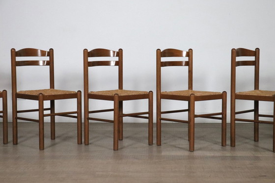 Image 1 of Midcentury Modern Dining Chairs In Oak And Rush, France 1960S