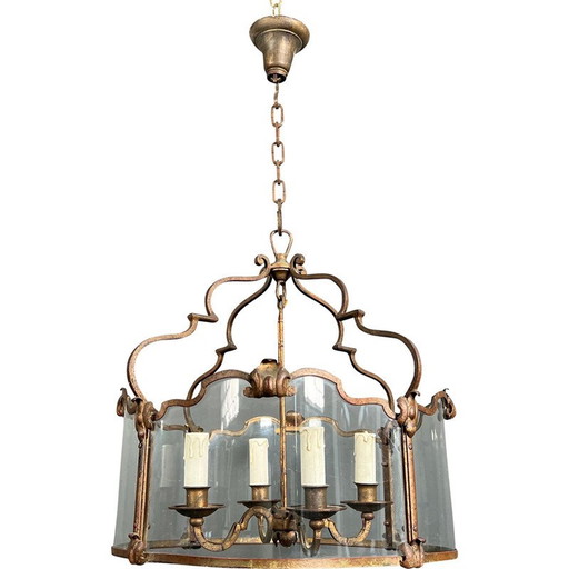 Vintage lantern in wrought iron and curved glasses with 4 lights, France 1940