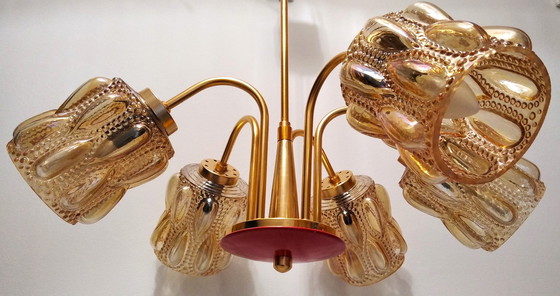 Image 1 of Szarvasi Mid -Century Chandelier With Amber Glass Bulbs With Red Bottom  | Vintage Lamp From 70’S, Hungary