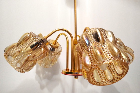 Image 1 of Szarvasi Mid -Century Chandelier With Amber Glass Bulbs With Red Bottom  | Vintage Lamp From 70’S, Hungary