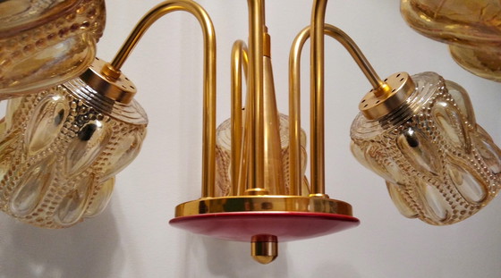 Image 1 of Szarvasi Mid -Century Chandelier With Amber Glass Bulbs With Red Bottom  | Vintage Lamp From 70’S, Hungary