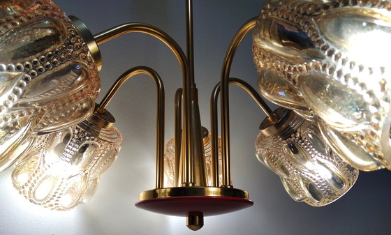 Image 1 of Szarvasi Mid -Century Chandelier With Amber Glass Bulbs With Red Bottom  | Vintage Lamp From 70’S, Hungary