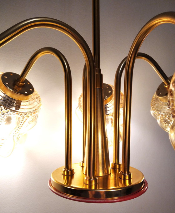 Image 1 of Szarvasi Mid -Century Chandelier With Amber Glass Bulbs With Red Bottom  | Vintage Lamp From 70’S, Hungary