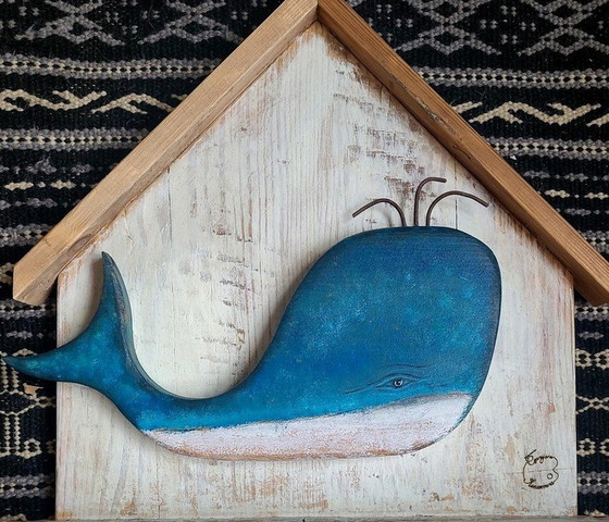 Image 1 of Monika Rygas - Sculpture, Blue Whale - Key/Coat Hanger - 36 Cm - Wood - 2023