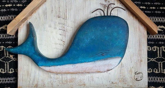 Image 1 of Monika Rygas - Sculpture, Blue Whale - Key/Coat Hanger - 36 Cm - Wood - 2023