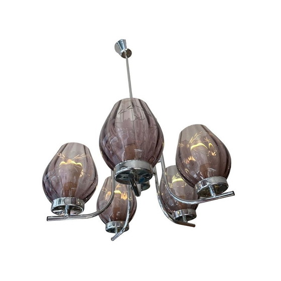 Image 1 of Vintage Art Deco chandelier in chrome and purple chased glass
