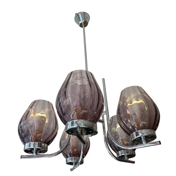Image 1 of Vintage Art Deco chandelier in chrome and purple chased glass
