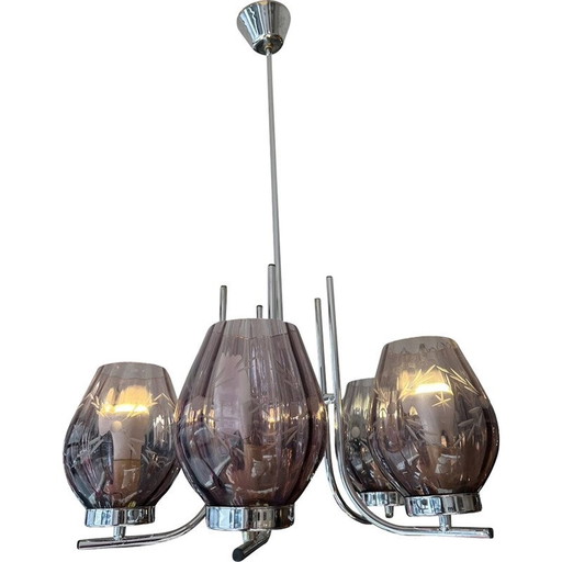 Vintage Art Deco chandelier in chrome and purple chased glass