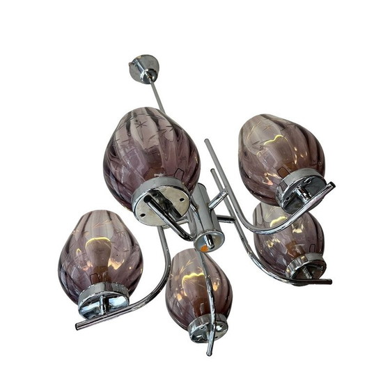 Image 1 of Vintage Art Deco chandelier in chrome and purple chased glass