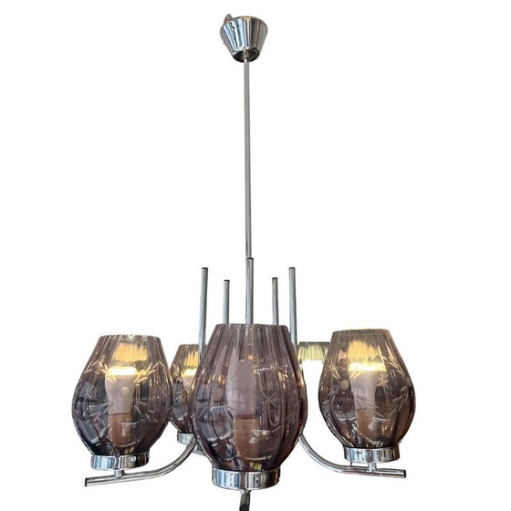 Image 1 of Vintage Art Deco chandelier in chrome and purple chased glass