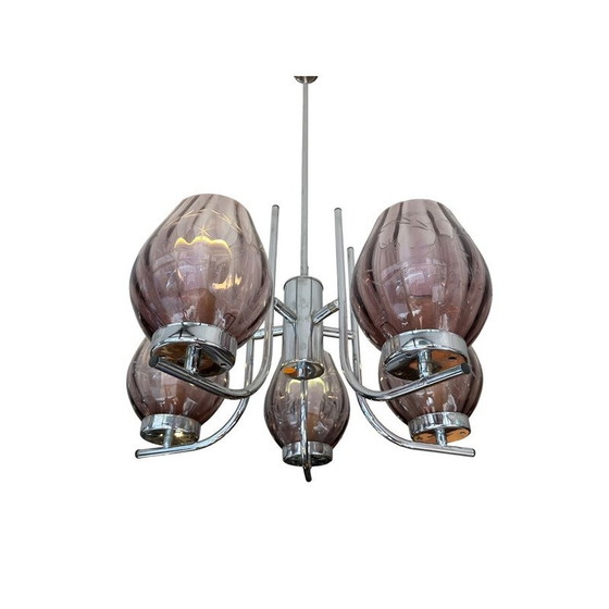 Image 1 of Vintage Art Deco chandelier in chrome and purple chased glass