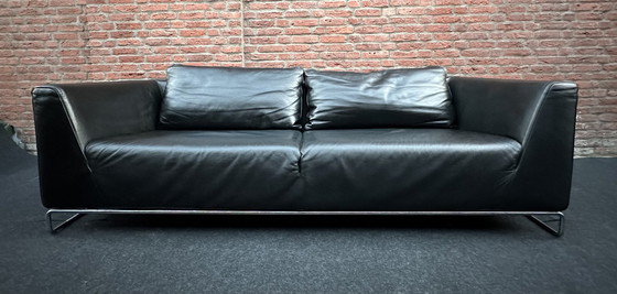 Image 1 of Molinari Black Leather 3 Seater Sofa.