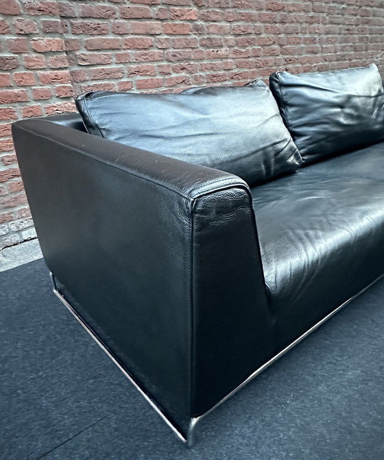 Image 1 of Molinari Black Leather 3 Seater Sofa.