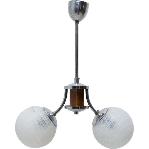 Vintage art deco wood and chrome chandelier, 1930