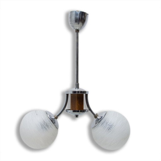 Vintage art deco wood and chrome chandelier, 1930