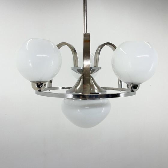 Image 1 of Lampadario vintage Art Déco in vetro cromato e lattimo, anni '30