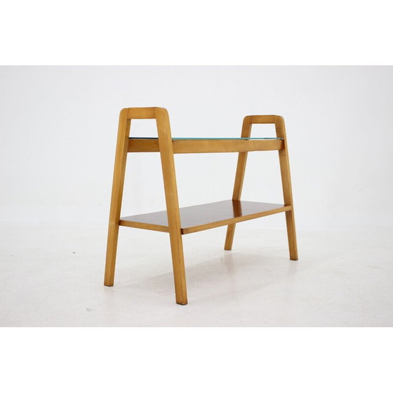 Image 1 of Vintage beech wood and glass side table, Czechoslovakia 1970s
