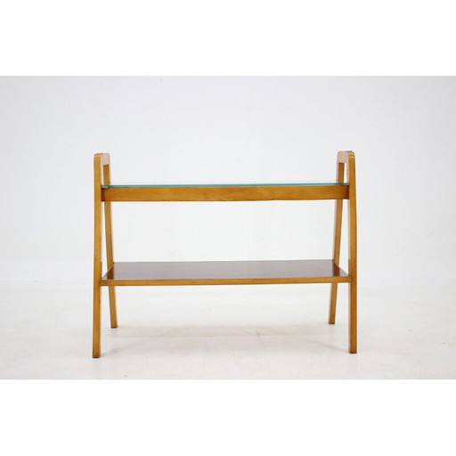 Vintage beech wood and glass side table, Czechoslovakia 1970s