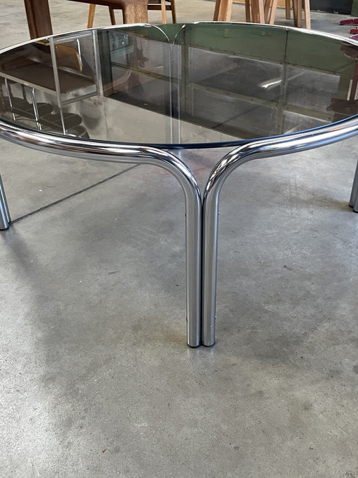 Chrome Space Age Coffee Table, Smoked Glass Top, Italy 1970'S