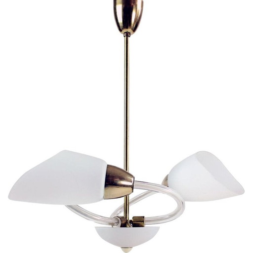 Lampada a sospensione vintage in vetro bianco e ottone, Cecoslovacchia 1960