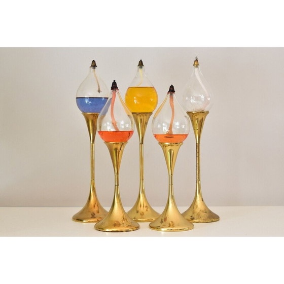 Image 1 of Set of 5 vintage brass Clear Drops oil lamps by Freddie Andersen, Denmark 1970