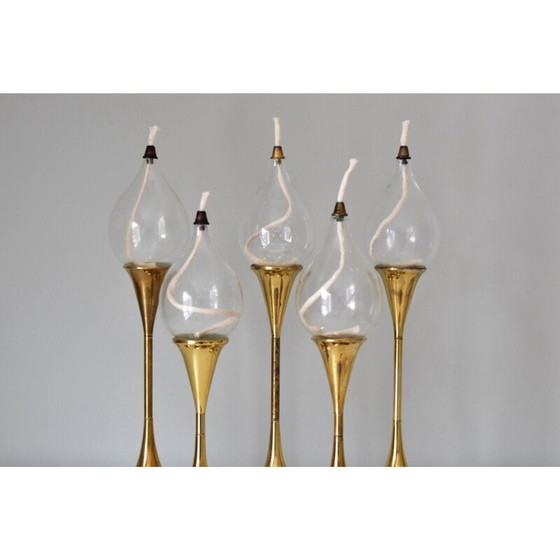 Image 1 of Set of 5 vintage brass Clear Drops oil lamps by Freddie Andersen, Denmark 1970