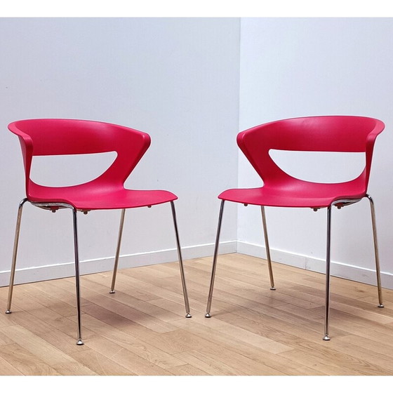 Image 1 of Pair of vintage Kicca chairs in red plastic and chromed aluminum for Kastel