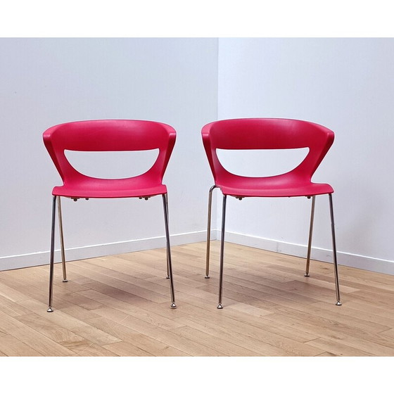 Image 1 of Pair of vintage Kicca chairs in red plastic and chromed aluminum for Kastel