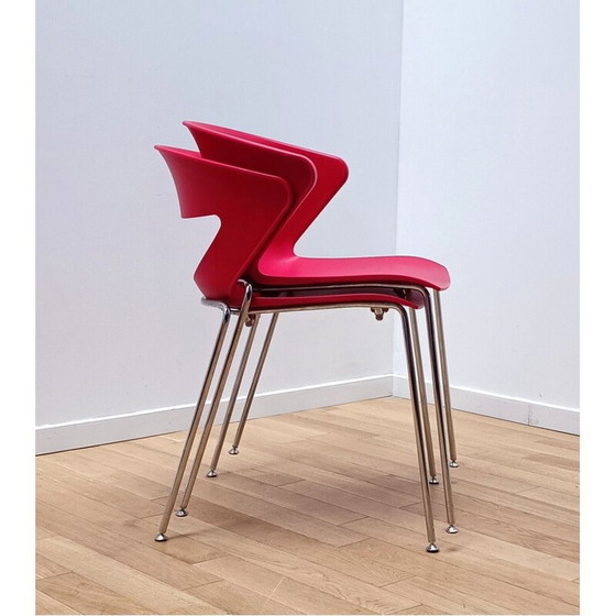 Image 1 of Pair of vintage Kicca chairs in red plastic and chromed aluminum for Kastel