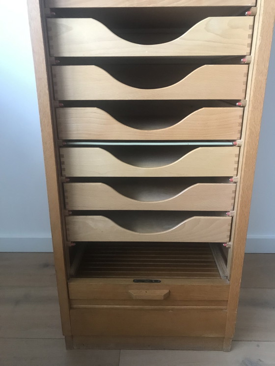 Image 1 of Vintage Cupboard Filing Cabinet Roller Door Eeka Oak Design 1950