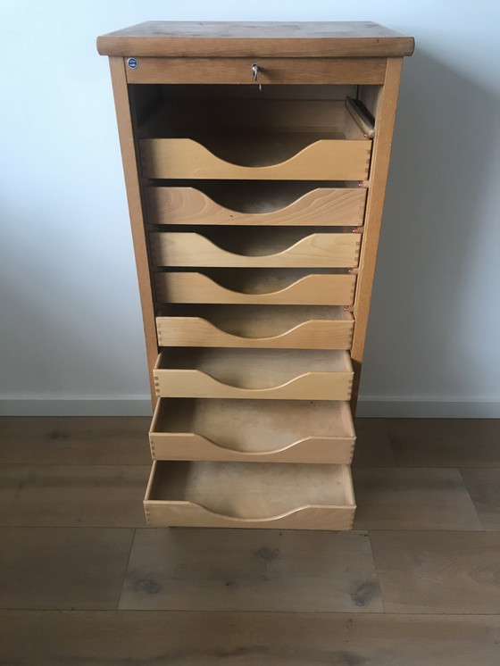 Image 1 of Vintage Cupboard Filing Cabinet Roller Door Eeka Oak Design 1950