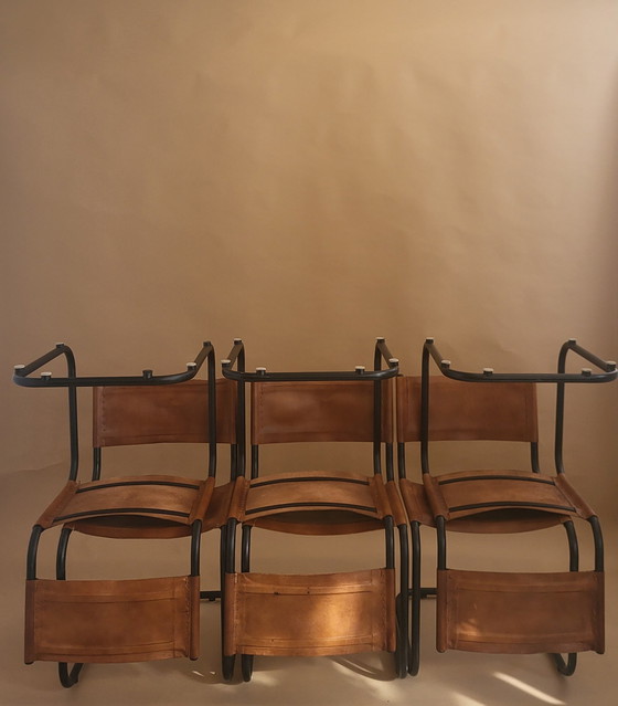 Image 1 of 6x Retro tubular frame chairs with leather