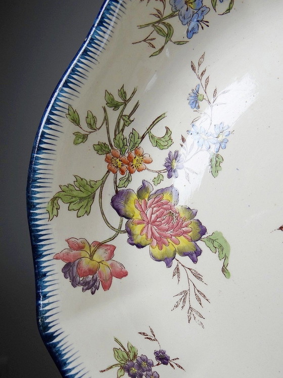 Image 1 of Coupe Longchamp Terre De Fer Ancien Faïence Polychrome Fleurs