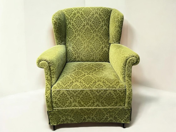 Image 1 of Danish vintage relax armchair / wing chair in the style of Ilmari Lappalainen, made of green velvet, ca. 1950s