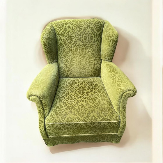Image 1 of Danish vintage relax armchair / wing chair in the style of Ilmari Lappalainen, made of green velvet, ca. 1950s