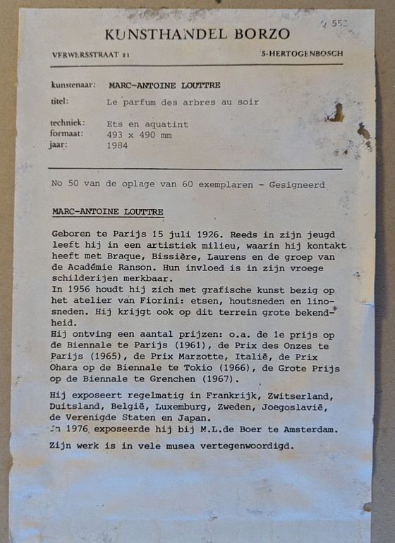 Image 1 of Acquaforte Acquatinta Marc Antoine Louttre Bissiere - Le Parfum Des Arbres Au Soir