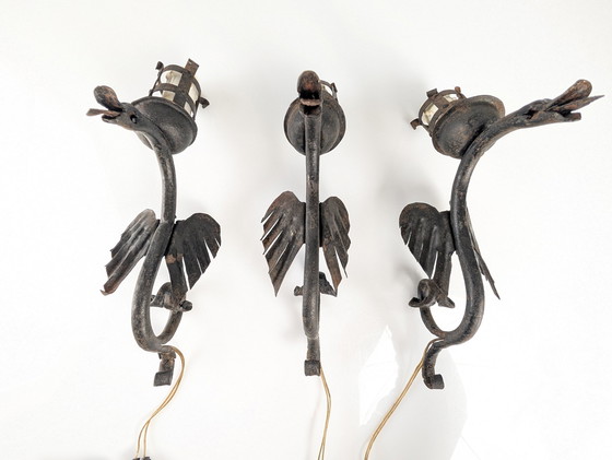 Image 1 of Juego de tres apliques de dragón de hierro forjado