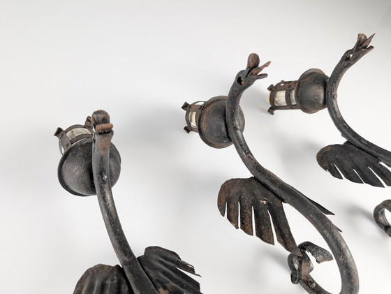 Image 1 of Juego de tres apliques de dragón de hierro forjado