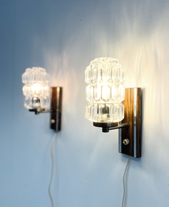 Image 1 of 2x Lampada da parete vintage in cristallo e teak