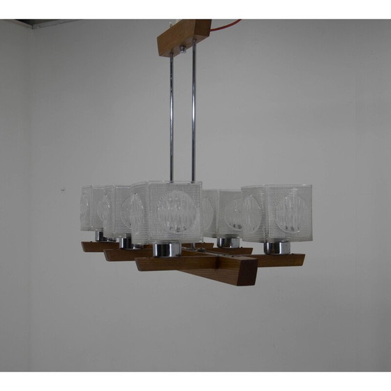 Image 1 of Lampadario vintage in metallo, legno e vetro di Instala Decin, Cecoslovacchia, anni '70