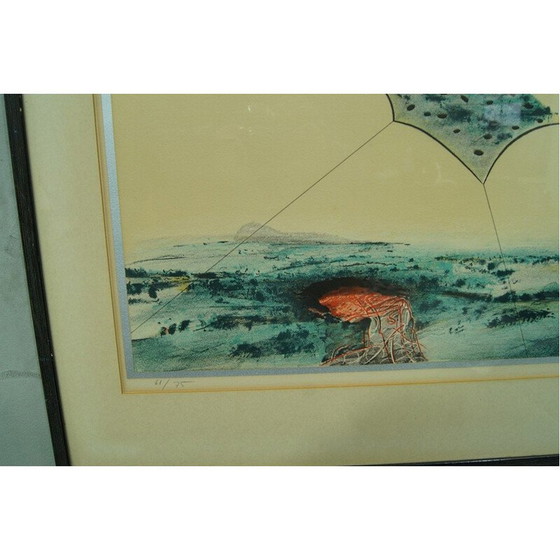 Image 1 of Scandinavian surrealist vintage hand lithograph by Bertil Berg, 1970