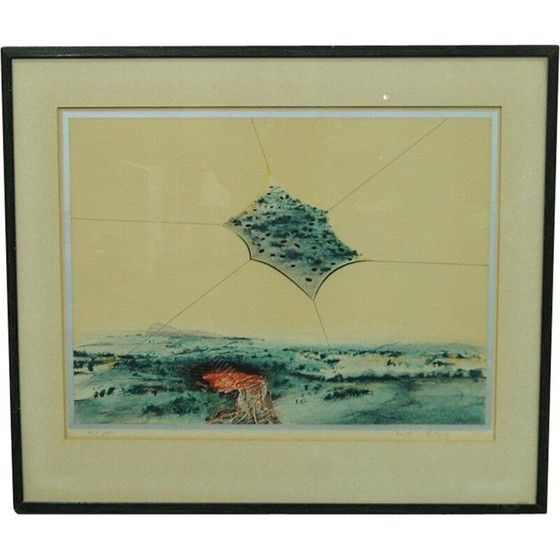 Image 1 of Scandinavian surrealist vintage hand lithograph by Bertil Berg, 1970